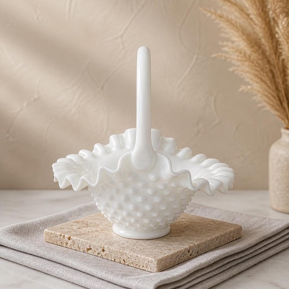 Hobnail Ruffle Milk Glass Handled Basket Candy Flowers ?Fenton